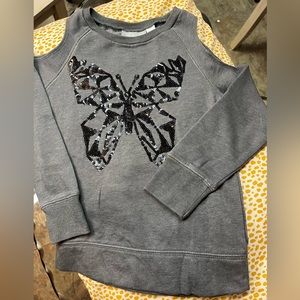 EUC Children’s Place size 5/6 cold shoulder butterfly sparkle sweatshirt.